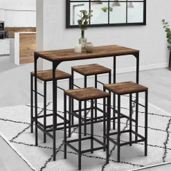 Ensemble table haute de bar DAYTON 100 cm et 4 chaises de bar effet vieilli design industriel