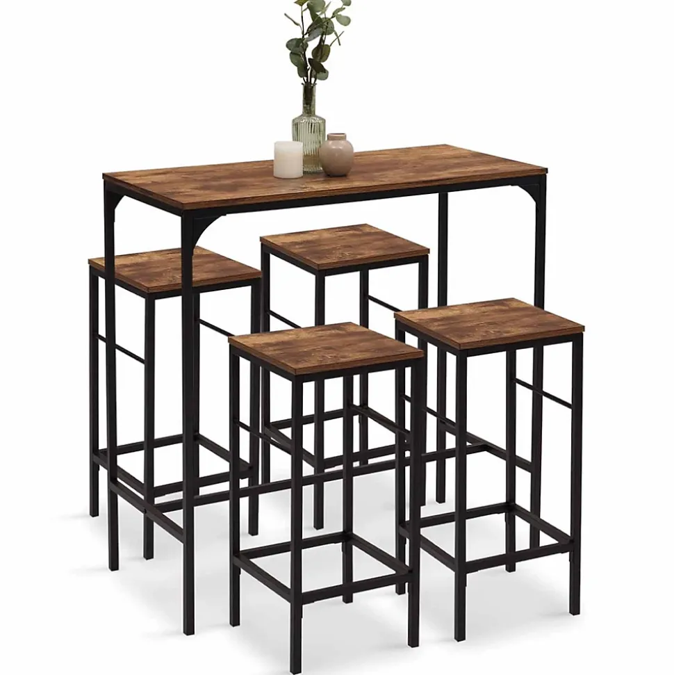 Ensemble table haute de bar DAYTON 100 cm et 4 chaises de bar effet vieilli design industriel