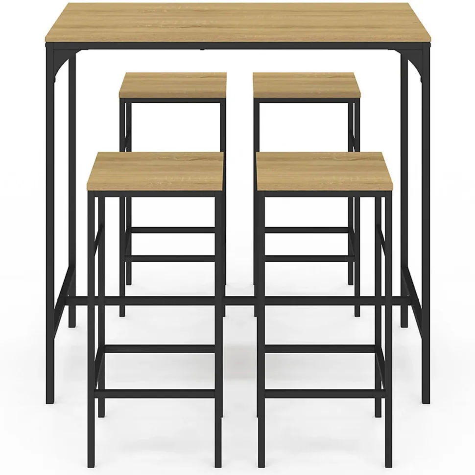 Ensemble table haute de bar DETROIT 100 cm et 4 tabourets bois et métal noir design industriel