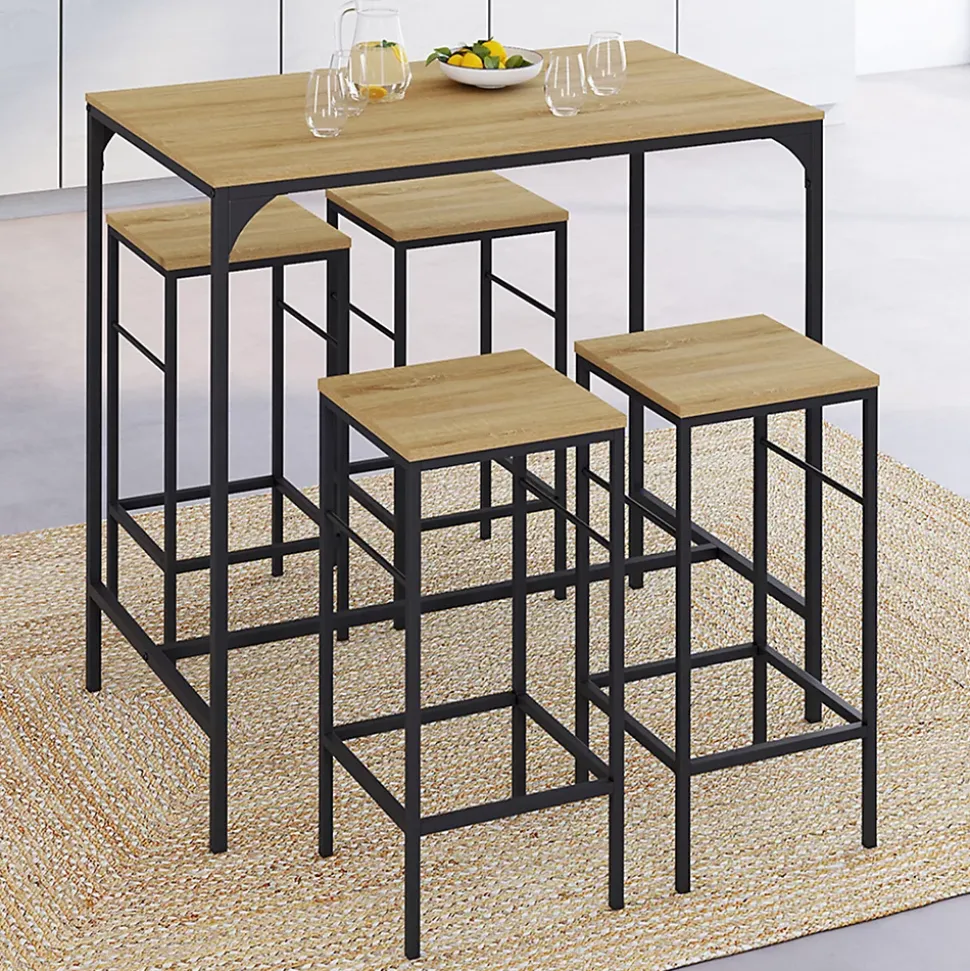 Ensemble table haute de bar DETROIT 100 cm et 4 tabourets bois et métal noir design industriel