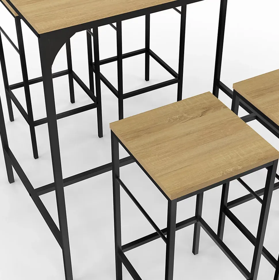 Ensemble table haute de bar DETROIT 100 cm et 4 tabourets bois et métal noir design industriel