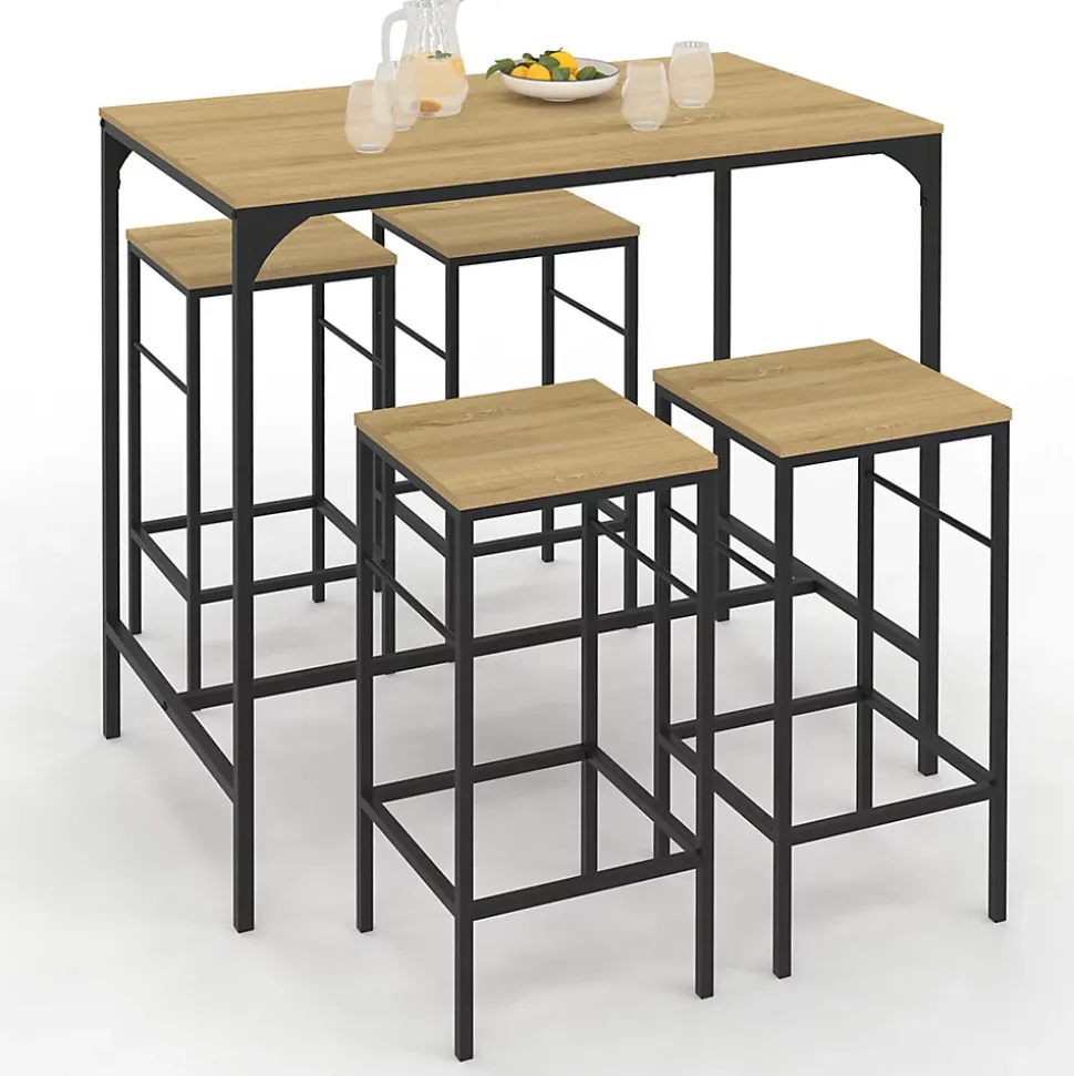 Ensemble table haute de bar DETROIT 100 cm et 4 tabourets bois et métal noir design industriel