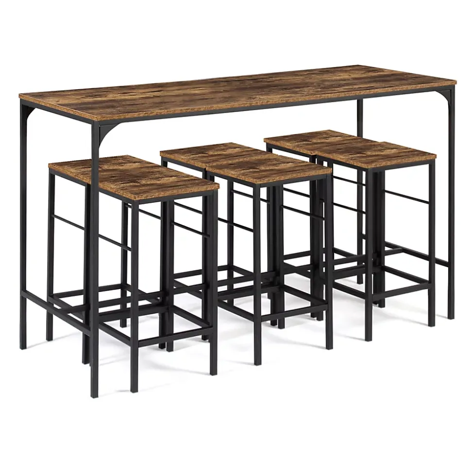 Ensemble table haute de bar DAYTON 150 cm et 6 tabourets effet vieilli design industriel