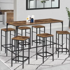 Ensemble table haute de bar DAYTON 150 cm et 6 tabourets effet vieilli design industriel