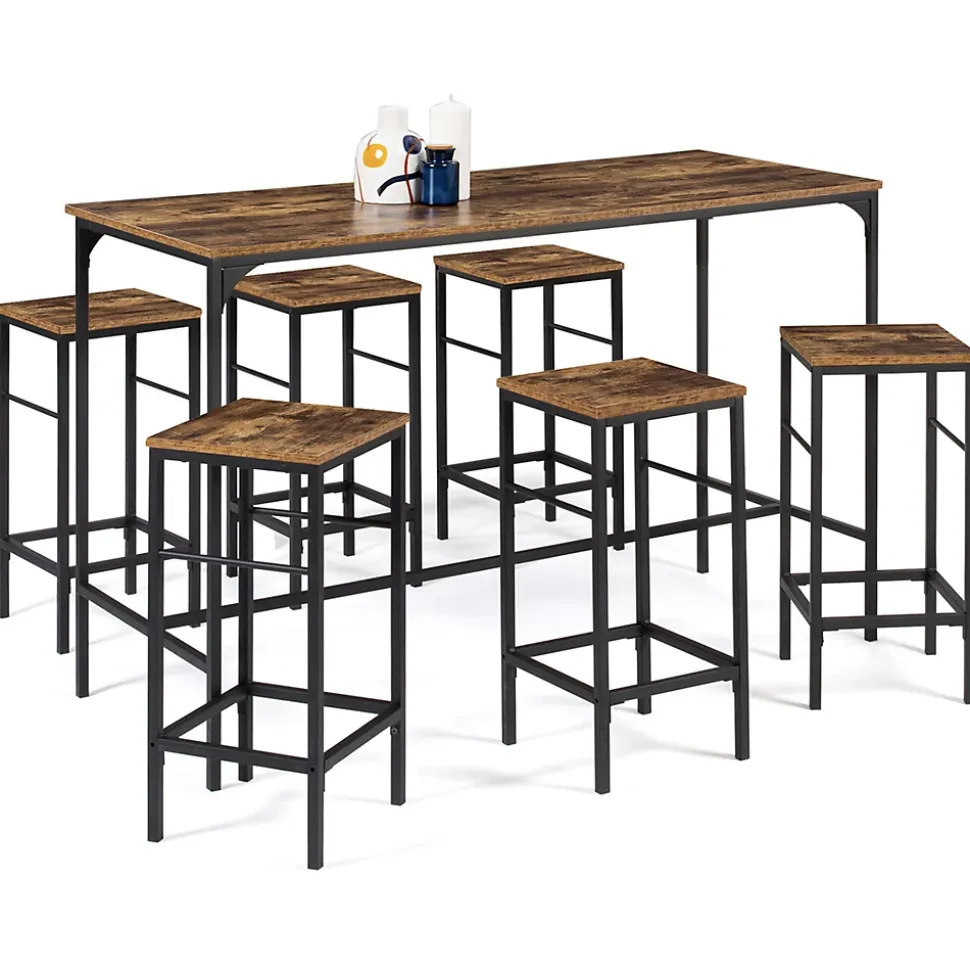 Ensemble table haute de bar DAYTON 150 cm et 6 tabourets effet vieilli design industriel