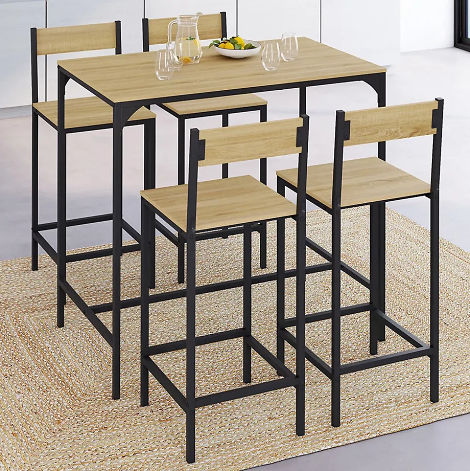 Ensemble table haute de bar DETROIT 100 cm et 4 chaises de bar design industriel