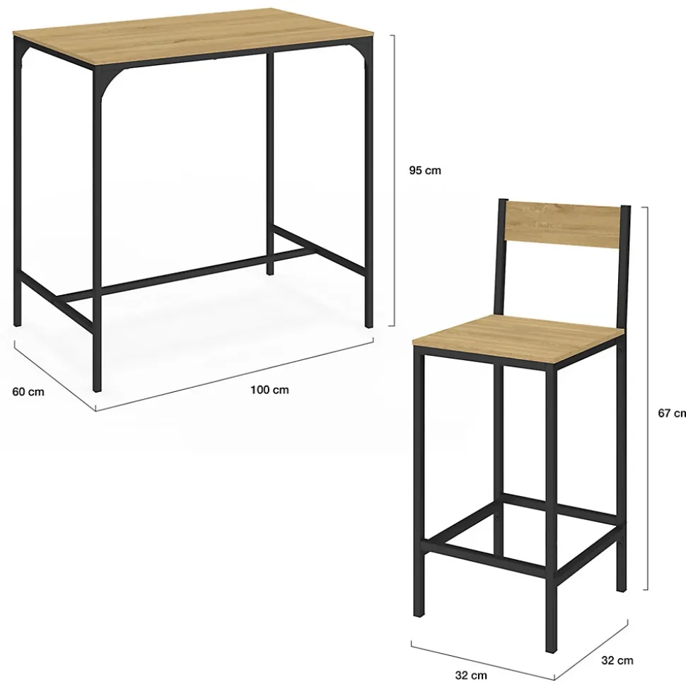 Ensemble table haute de bar DETROIT 100 cm et 4 chaises de bar design industriel