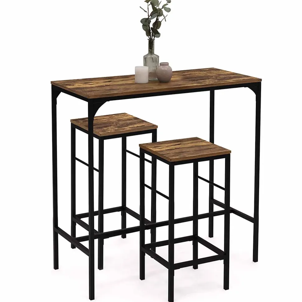 Ensemble table haute de bar DAYTON 95 cm et 2 tabourets effet vieilli design industriel