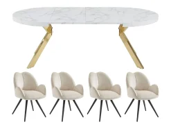 Ensemble table KOMONI + 4 chaises GULSUN - Effet marbre blanc et beige