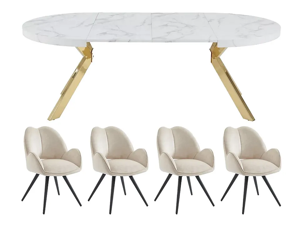 Ensemble table KOMONI + 4 chaises GULSUN - Effet marbre blanc et beige