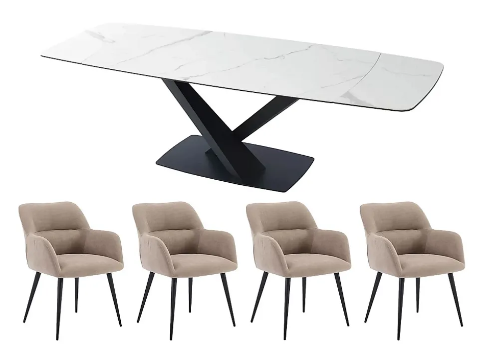 Ensemble table MALATA + 4 chaises HEKA - Effet marbre blanc et beige