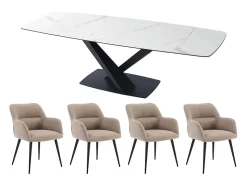 Ensemble table MALATA + 4 chaises HEKA - Effet marbre blanc et beige