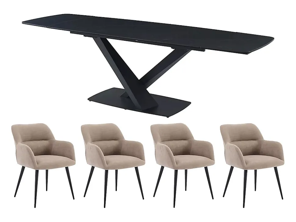 Ensemble table MALATA + 4 chaises HEKA - Effet marbre noir et beige