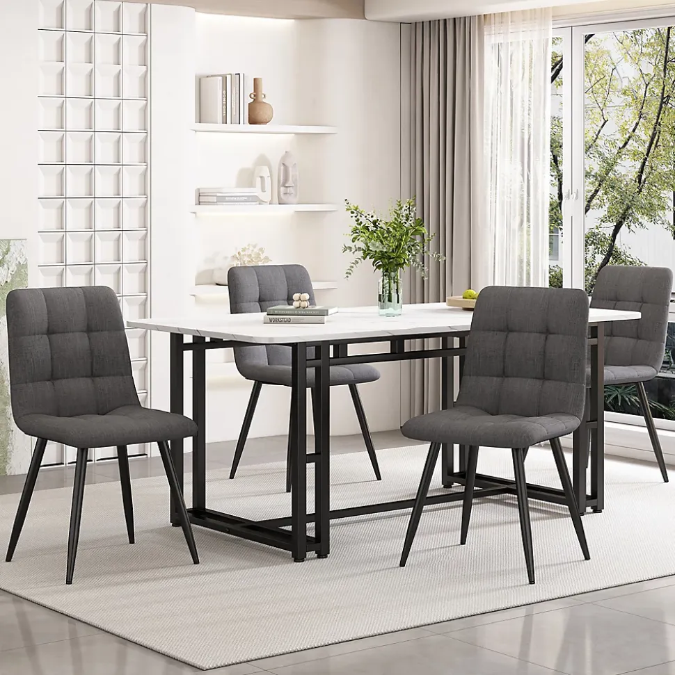 Ensemble Table Rectangulaire et 4 Chaises en Lin Gris Foncé - Dossier Rembourré, MDF Blanche et Pieds Noirs