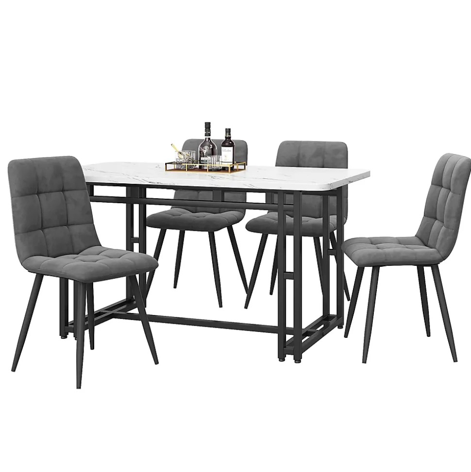 Ensemble Table Rectangulaire 120x70 cm et 4 Chaises en Velours Gris Foncé - Dossier Rembourré, MDF Blanche, Pieds Noirs