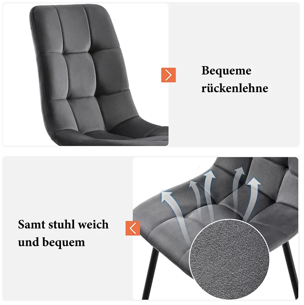 Ensemble Table Rectangulaire Pliante et 4 Chaises en Velours Gris Foncé - Dossier Rembourré, MDF et Pieds Noirs