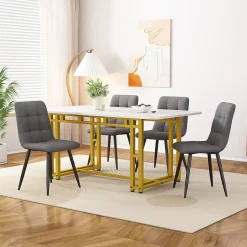 Ensemble Table Rectangulaire 120x70 cm et 4 Chaises en Lin Gris Foncé - Dossier Rembourré, MDF Blanche, Pieds Dorés