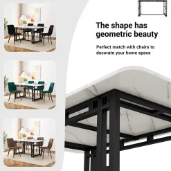 Ensemble Table Rectangulaire 120x70 cm et 4 Chaises en Lin Gris Foncé - Dossier Rembourré, MDF Blanche, Pieds Noirs