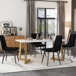 Ensemble Table Rectangulaire Effet Marbre - MDF et 4 Chaises Velours Noir Chevron, Pieds Métal Dorés
