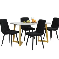 Ensemble Table Rectangulaire Effet Marbre - MDF et 4 Chaises Velours Noir Chevron, Pieds Métal Dorés