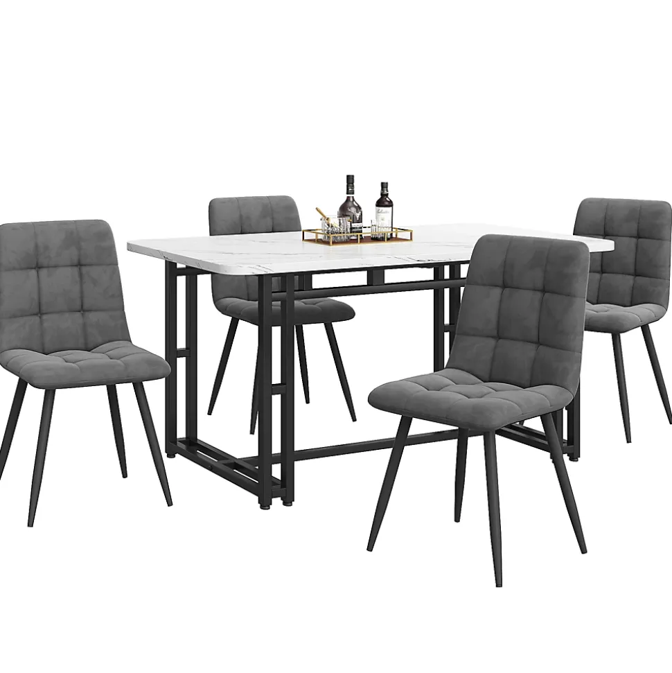 Ensemble Table Rectangulaire et 4 Chaises en Velours Gris Foncé - Dossier Rembourré, MDF Blanche et Pieds Noirs