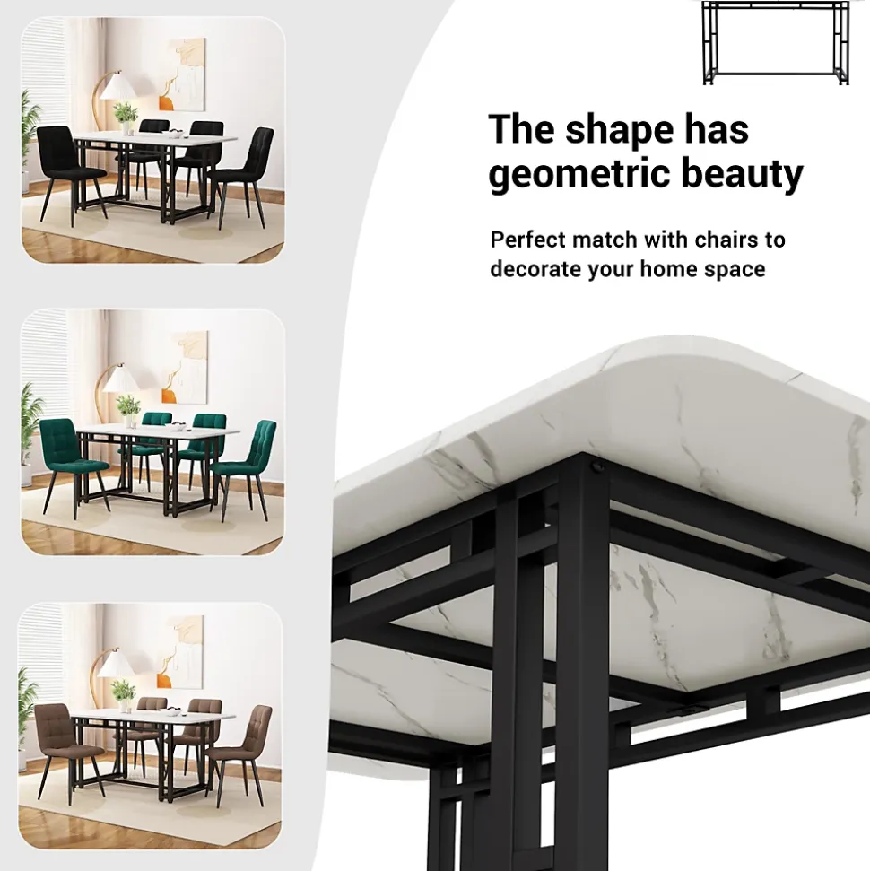 Ensemble Table Rectangulaire et 4 Chaises en Velours Gris Foncé - Dossier Rembourré, MDF Blanche et Pieds Noirs
