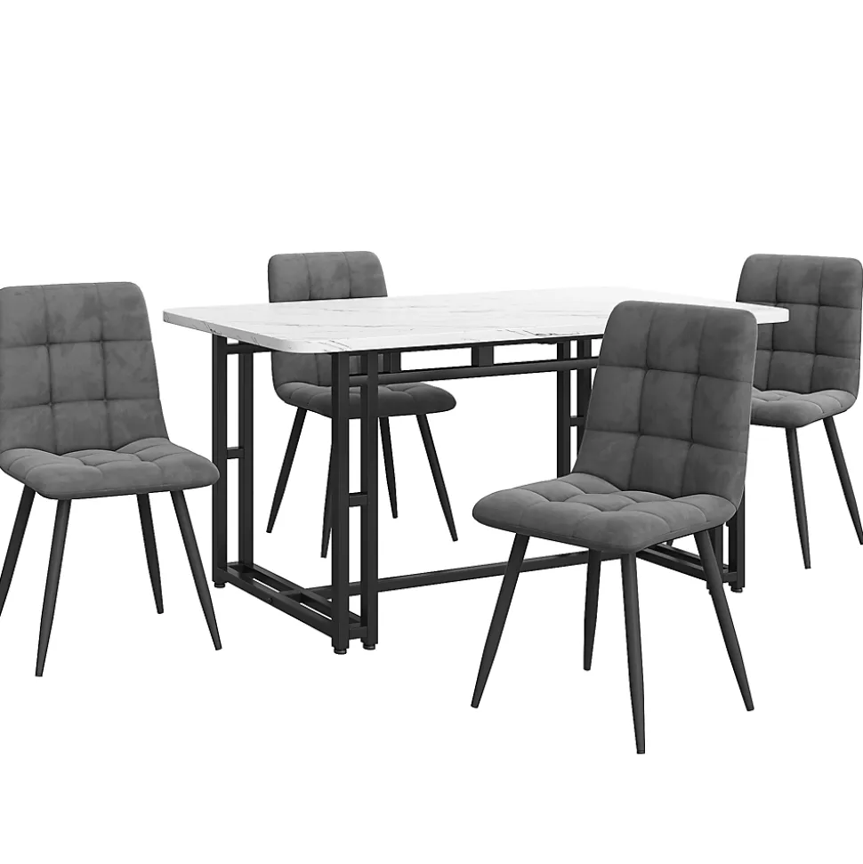 Ensemble Table Rectangulaire et 4 Chaises en Velours Gris Foncé - Dossier Rembourré, MDF Blanche et Pieds Noirs