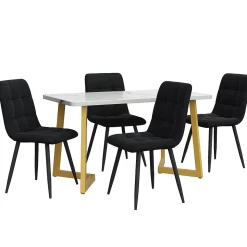 Ensemble Table Rectangulaire Effet Marbre - MDF et 4 Chaises Velours Noir, Pieds Métal Dorés
