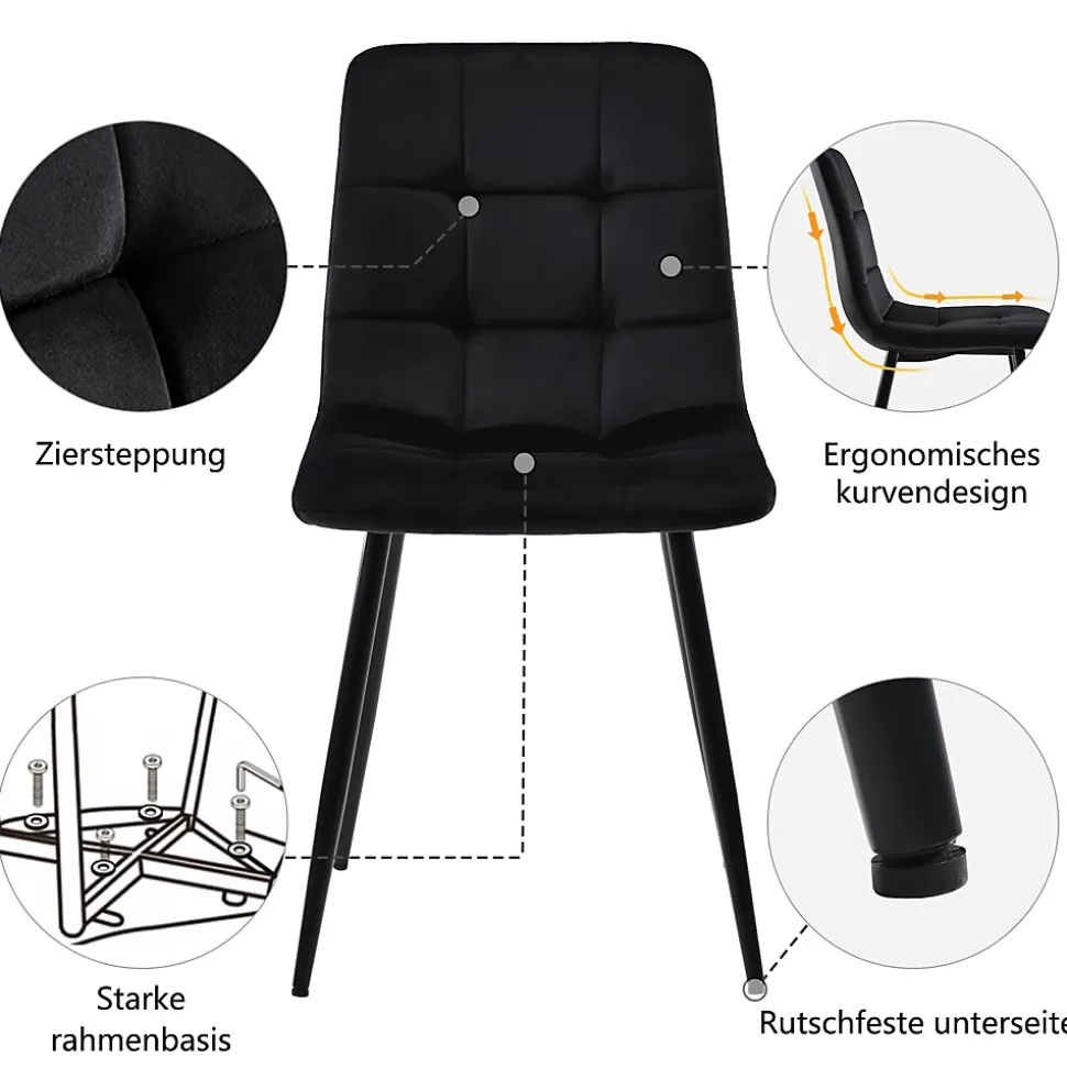 Ensemble Table Rectangulaire Effet Marbre - MDF et 4 Chaises Velours Noir, Pieds Métal Dorés