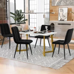 Ensemble Table Rectangulaire Effet Marbre - MDF et 4 Chaises Velours Noir, Pieds Métal Dorés