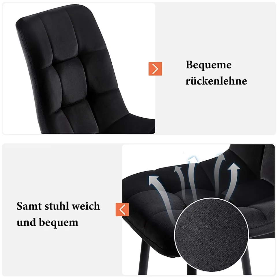 Ensemble Table Rectangulaire Effet Marbre - MDF et 4 Chaises Velours Noir, Pieds Métal Dorés