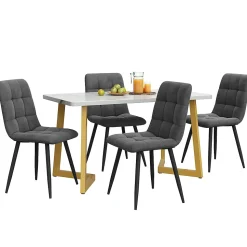 Ensemble Table Rectangulaire Effet Marbre - MDF et 4 Chaises Velours Gris Foncé, Pieds Métal Dorés