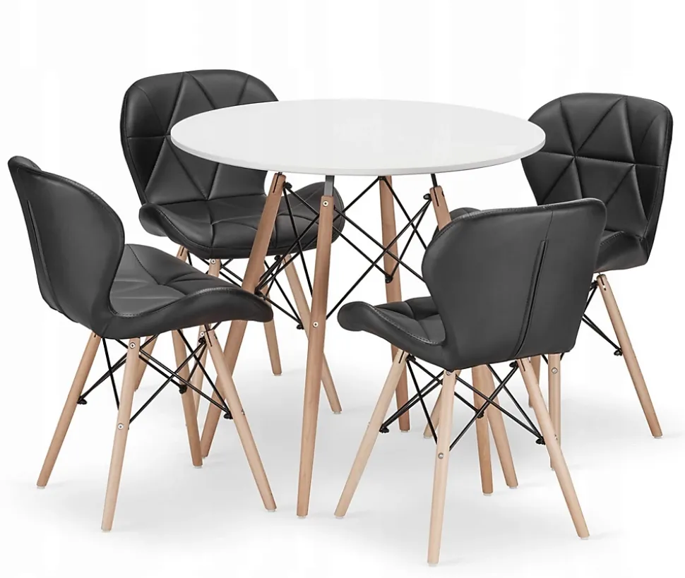 Ensemble table ronde blanche VALORA KOVA 80 avec 4 chaises noires WAKO