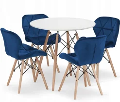 Ensemble table ronde blanche VALORA KOVA avec 4 chaises WAKO bleu marine