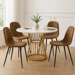 Ensemble table ronde marbre blanc doré avec 4 chaises brun