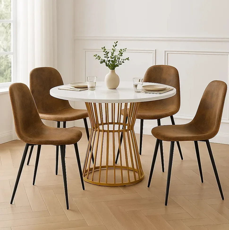 Ensemble table ronde marbre blanc doré avec 4 chaises brun