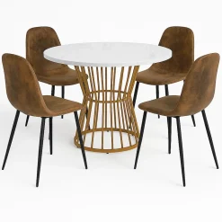 Ensemble table ronde marbre blanc doré avec 4 chaises brun