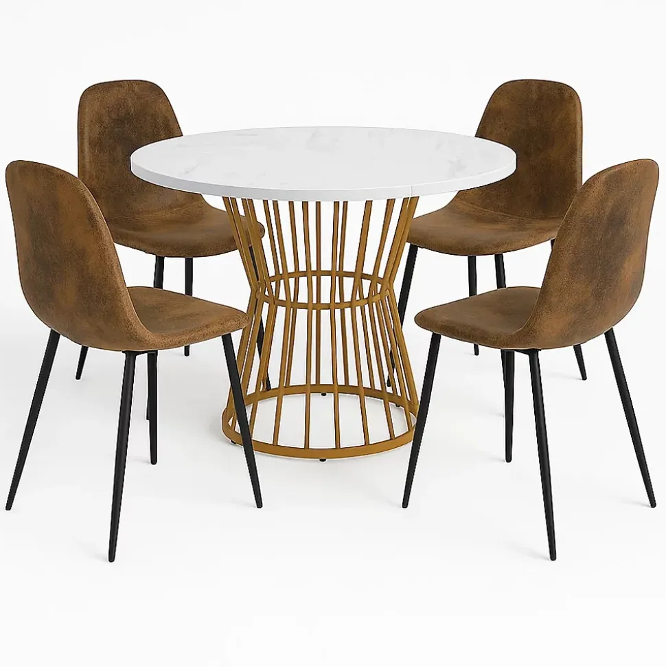 Ensemble table ronde marbre blanc doré avec 4 chaises brun