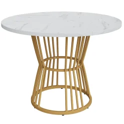 Ensemble table ronde marbre blanc doré avec 4 chaises brun