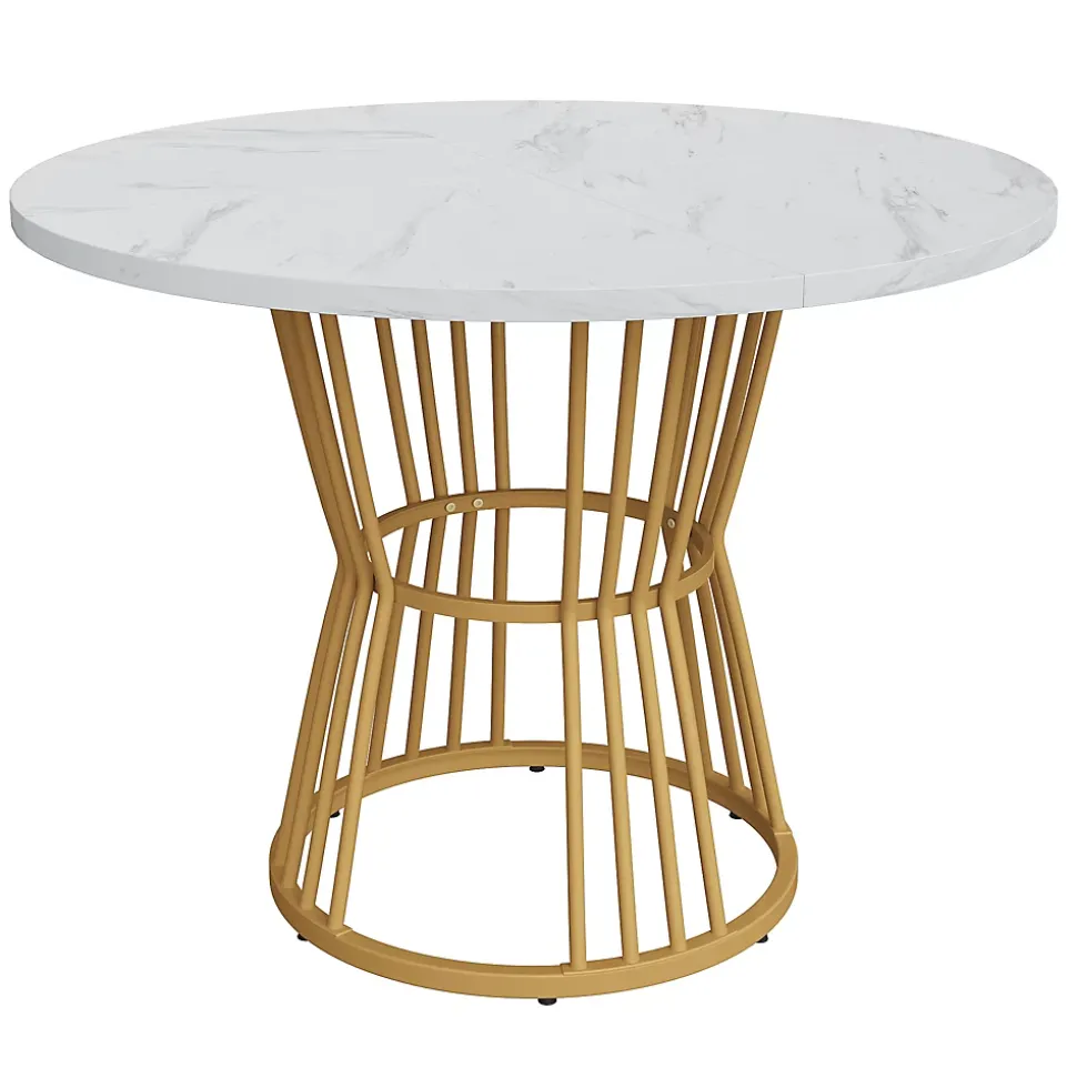 Ensemble table ronde marbre blanc doré avec 4 chaises brun