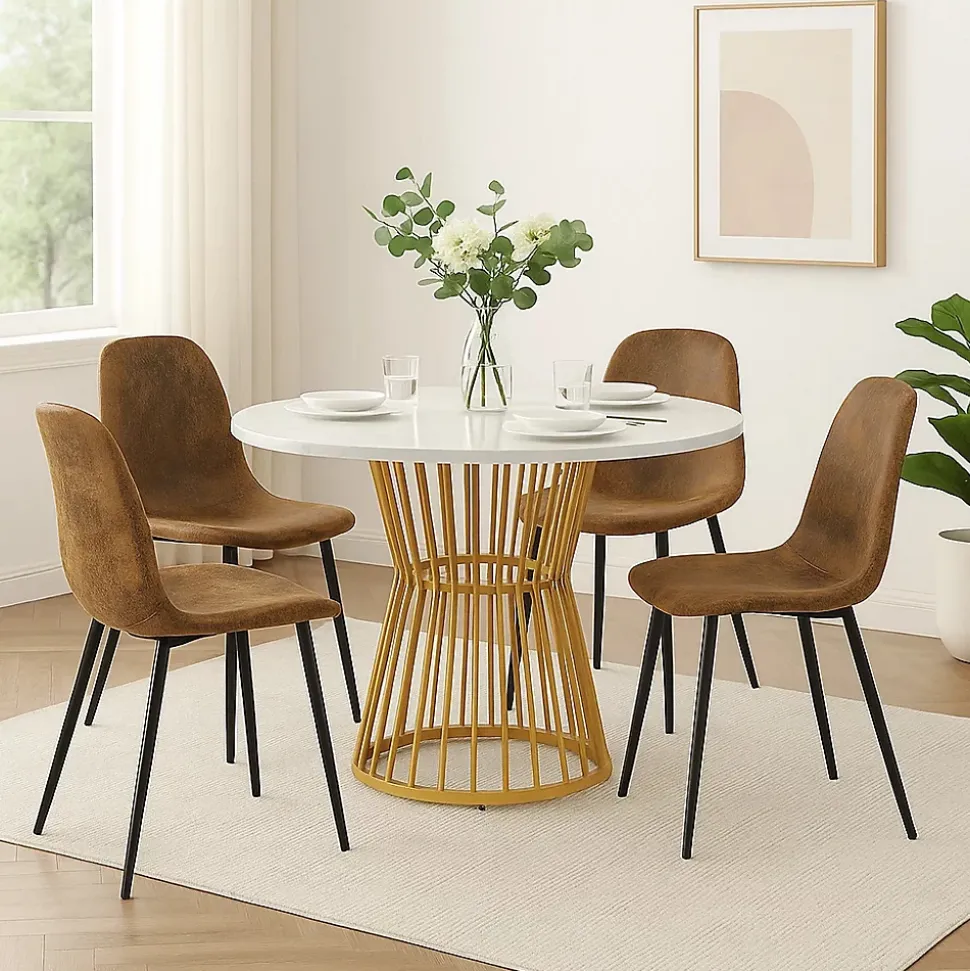 Ensemble table ronde marbre blanc doré avec 4 chaises brun