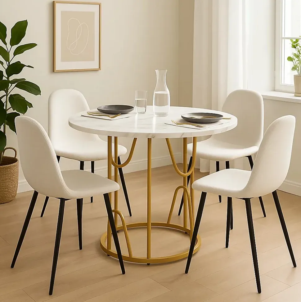Ensemble table ronde marbre blanc doré avec 4 chaises tissu beige