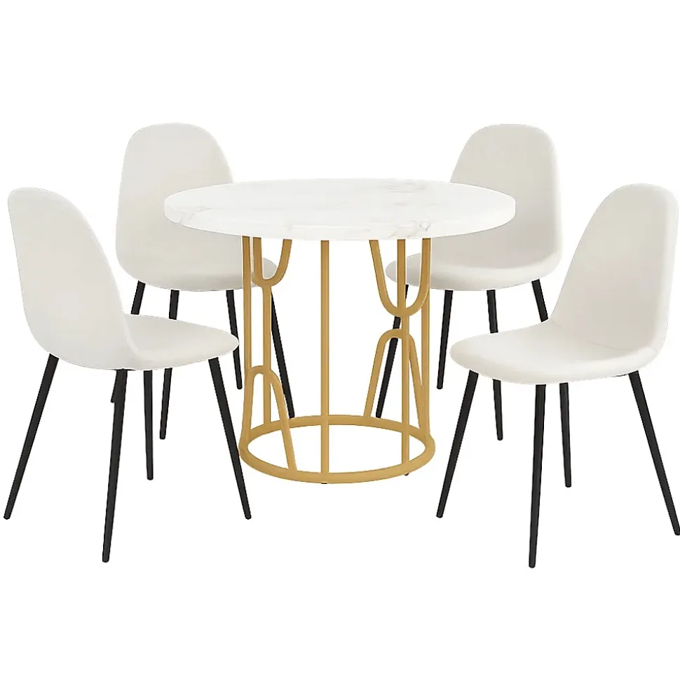 Ensemble table ronde marbre blanc doré avec 4 chaises tissu beige