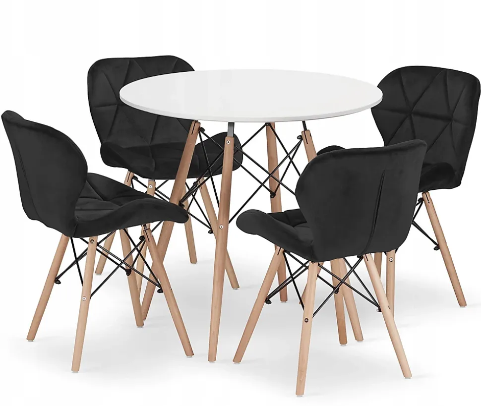 Ensemble table ronde Valora KOVA 80 blanche + 4 chaises WAKO noires