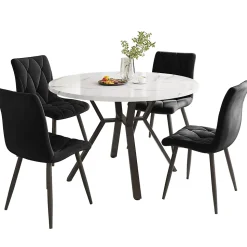 Ensemble table ronde 100x75 cm avec 4 chaises velours, plateau MDF effet marbre et structure métal noir