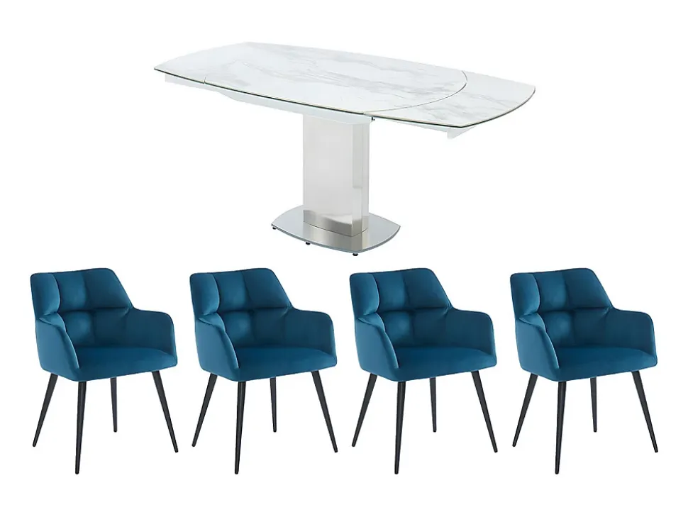 Ensemble table TALICIA + 4 Chaises PEGA - Blanc et bleu