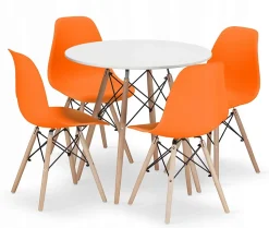 Ensemble table Valora KOVA 80 : table ronde blanche moderne + 4 chaises orange