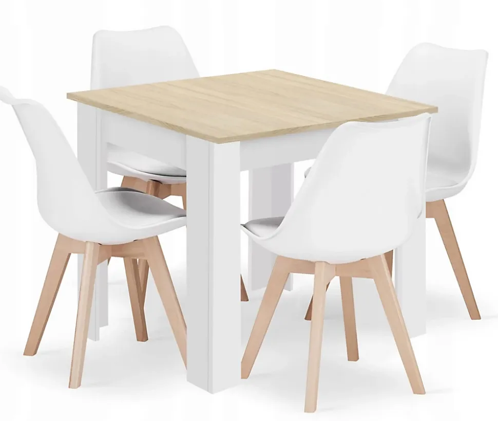 Ensemble Valora : table carrée 80 x 80 cm, chêne Sonoma + 4 chaises RIKX blanches (x4)