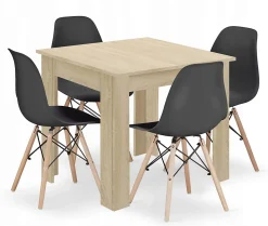 Ensemble Valora : table carrée 80 x 80 cm, chêne Sonoma + 4 chaises OSAKA noires