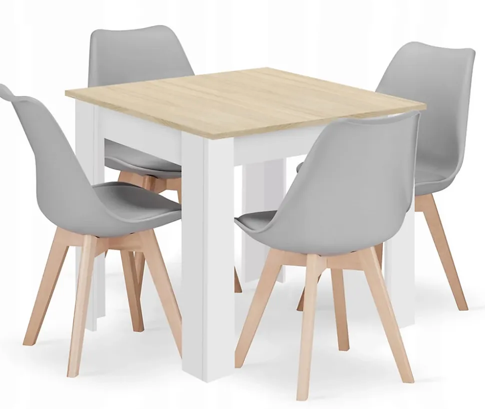 Ensemble Valora : table carrée 80x80 cm, chêne Sonoma + 4 chaises RIKX grises